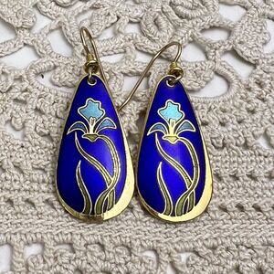 Vtg 80's Laurel Burch Cloisonné Drop Earrings Wild Iris Gold Tone Blue Teal